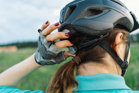 Woman Adjusting Her Bike Helmet Outdoors on a Sunny Dayの写真素材