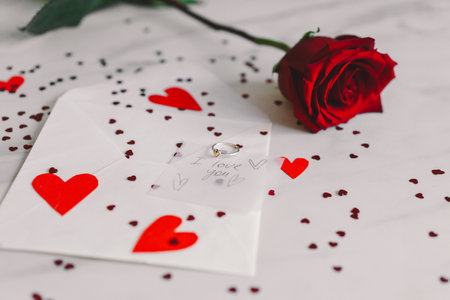 Heartfelt proposal on a handwritten note with a ring on a red paper heartの写真素材
