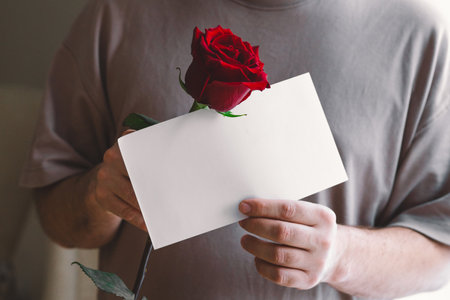 Man holding a red rose and a blank envelope expressing love.の写真素材