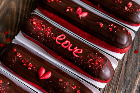 Delicious chocolate eclairs for Valentines Day.の写真素材