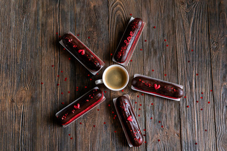 Delicious chocolate eclairs for Valentines Day.の写真素材