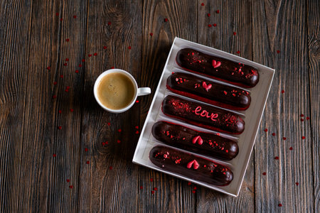 Delicious chocolate eclairs for Valentines Day.の写真素材
