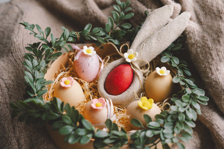 Easter decoration featuring colorful eggs arranged in a cozy nestの写真素材