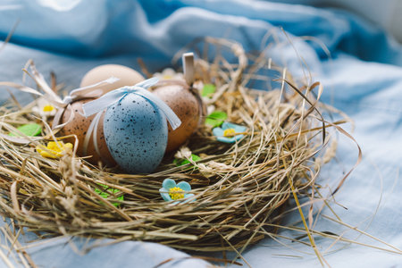 Colorful Easter eggs nestled in a nest surrounded by flowers and straw on a light blue backgroundの写真素材