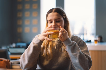Portrait of a joyful teengirl enjoying a cup of tea at cafeの写真素材