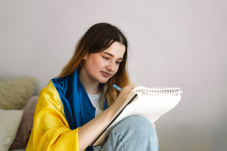 A Ukrainian teenage girl is wrapped in the Ukrainian flag and is drawing or doing homeworkの写真素材
