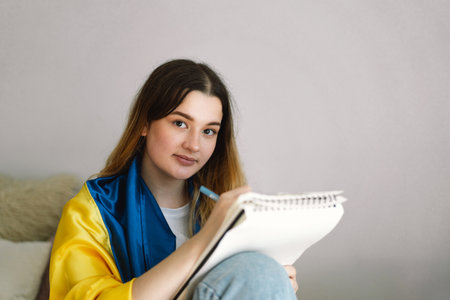 A Ukrainian teenage girl is wrapped in the Ukrainian flag and is drawing or doing homeworkの写真素材