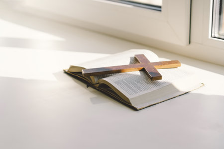 Reading the Holy Bible in home. Concept for faith.の写真素材
