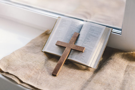 Reading the Holy Bible in home. Concept for faith.の写真素材