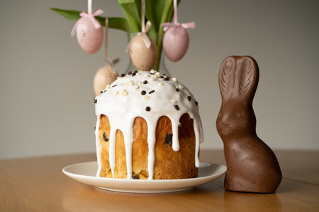 Happy Easter. Stylish easter cake, eggs on a table with spring flowers.の写真素材