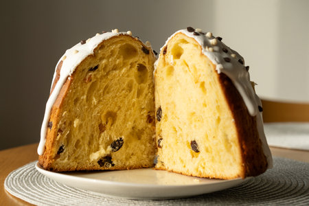 Baking a festive easter panettone with icing on a kitchen countertop during springtime preparationsの写真素材
