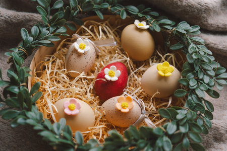 Easter decoration featuring colorful eggs arranged in a cozy nestの写真素材