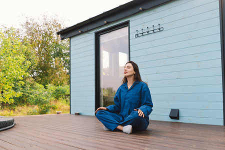 Meditation practice in a tranquil outdoorの写真素材