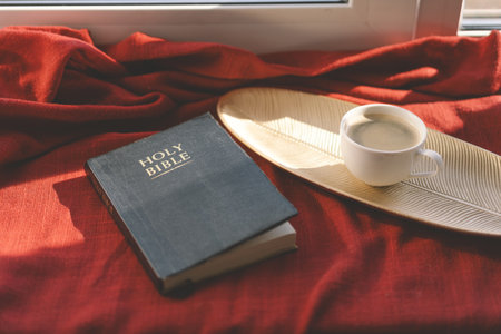 Reading the Holy Bible in home. Concept for faith.の写真素材