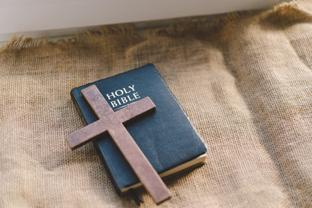 Reading the Holy Bible in home. Concept for faith.の写真素材