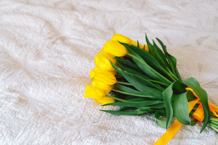 A bouquet of yellow tulips flowersの写真素材