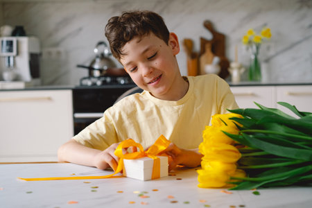 A boy carefully tying a bow on a Mothers Day giftの写真素材