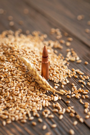Scattered Wheat Grains and Bullet Shells on a Wooden Surface