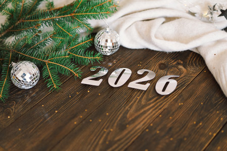 Happy New Years 2026. Christmas tree and Christmas decorations