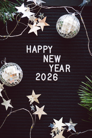 Happy New Years 2026. Christmas background with cone tree and Christmas decorations.