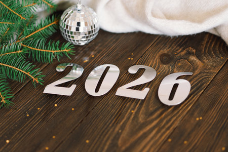 Happy New Years 2026. Christmas tree and Christmas decorations