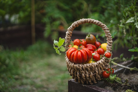 Freshly picked red tomatoes in a woven basket placed in a gardenの写真素材