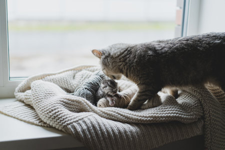 Two gray cats share a cozy moment by the window on a soft blanketの写真素材