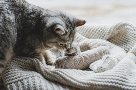 Two gray cats share a cozy moment on a soft blanketの写真素材