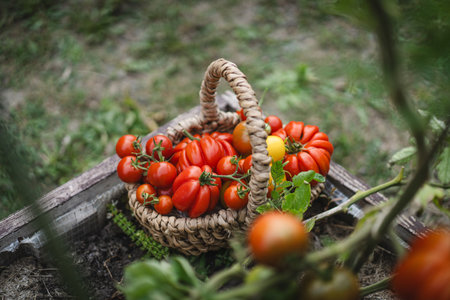 Freshly picked red tomatoes in a woven basket placed in a gardenの写真素材