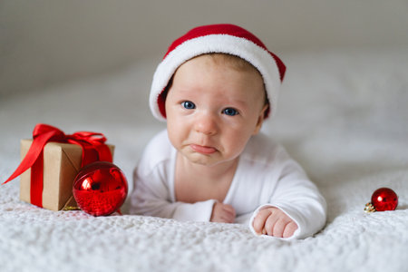 Cute baby in Santa hat with holiday decorations and gifts during Christmas season