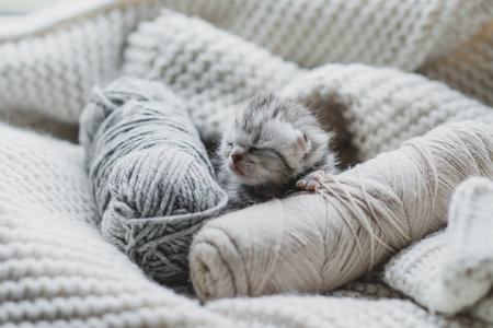 Sleepy kitten curled up in soft yarn surrounded by cozy blankets in a peaceful indoor settingの写真素材