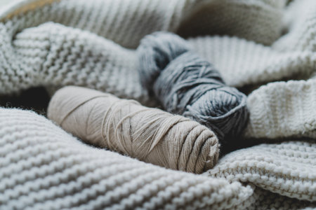 Knitting materials and soft yarn on a cozy blanket in a warm indoor settingの写真素材