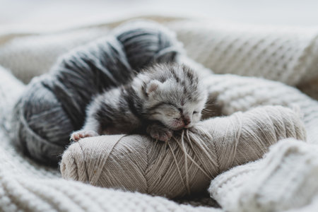 Sleepy kitten curled up in soft yarn surrounded by cozy blankets in a peaceful indoor settingの写真素材