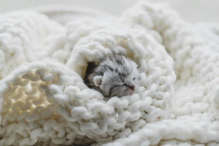 Sleepy kitten curled up in soft yarn surrounded by cozy blankets in a peaceful indoor setting