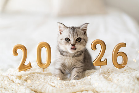A cute tabby kitten sits on a knitted blanket. Good New Year spirit. Happy New Yearの写真素材