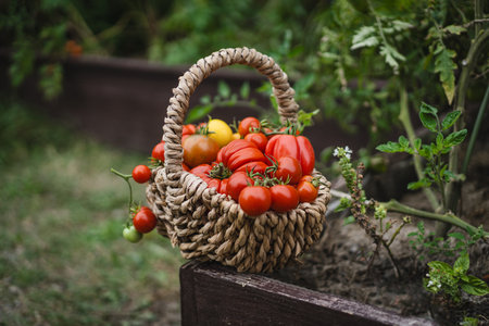 Freshly picked red tomatoes in a woven basket placed in a gardenの写真素材