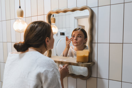 Woman applying skin care products in a bathroom near a mirror in the morningの写真素材