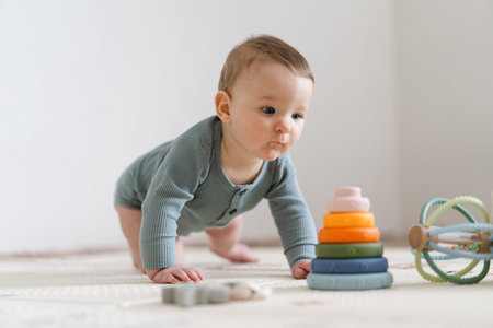 Baby lying on tummy on a soft play mat and playing with a sensory toy