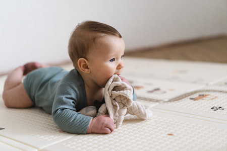 Baby lying on tummy on a soft play mat and playing with a sensory toy