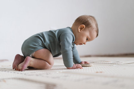 Baby lying on tummy on a soft play mat and playing with a sensory toyの写真素材