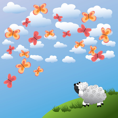 The sheep admires beautiful butterfliesのイラスト素材