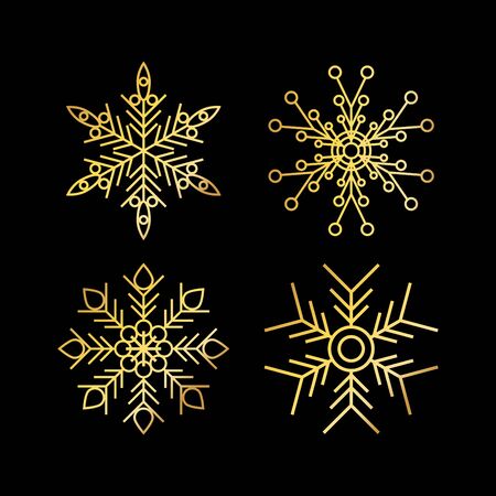Set with golden snowflakes. Winter icons isolated on black background. New year and Christmas design elements. Perfect for print, banner,poster, greeting card, apps,website.Raster illustrationのイラスト素材