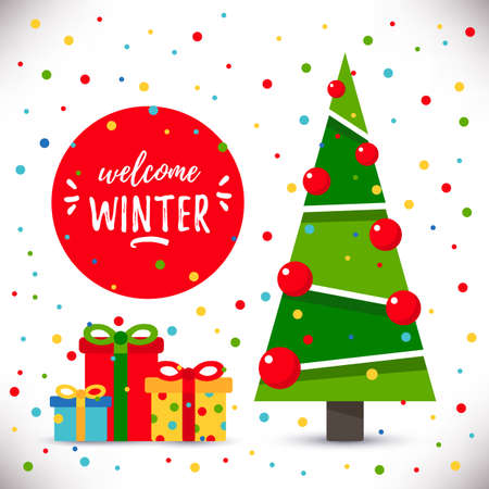 Welcome winter greeting card with cute xmas tree,balls,gifts and confetti.Raster version.Clipart.Flat Styleのイラスト素材
