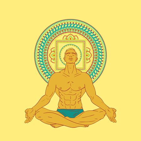 Beautiful Caucasian Man sitting in meditation pose isolated on background.のイラスト素材