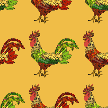 Seamless pattern with colorful cock. Roosters background.のイラスト素材