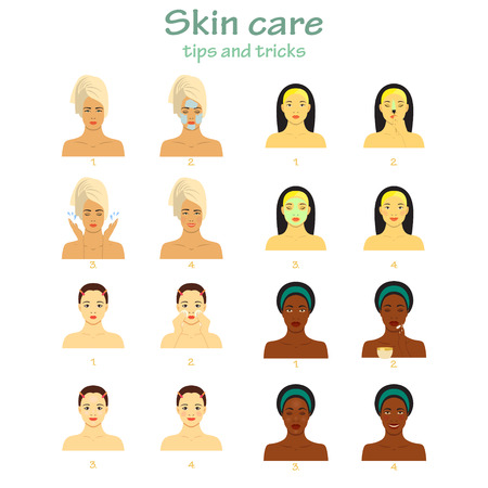 Icon set for skincare infographic. Different young women showing four steps face care. Beautiful girls of different races. Different skin tones.のイラスト素材