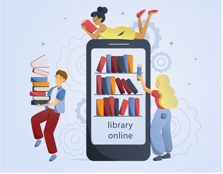 Students are taking books from online library in a smartphone screenのイラスト素材