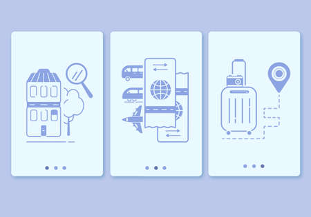 Travel identity icons for tour firm. Booking hotels. Airplane bus and train tickets. Planning vacationのイラスト素材