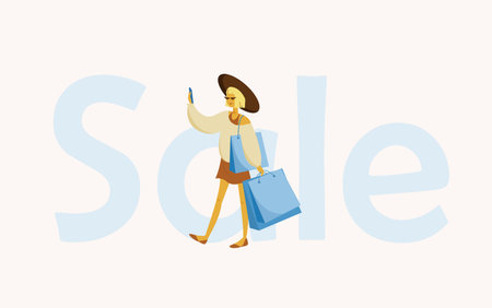 Sale concept. Young blonde girl with shopping bags making selfieのイラスト素材