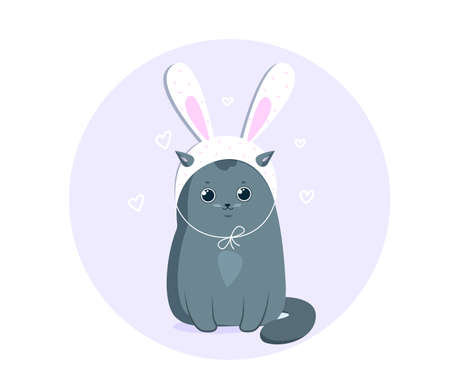Funny gray cat in a white easter bunny hatのイラスト素材